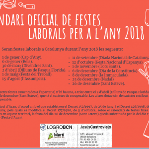 Calendari oficial de festes laborals per a l'any 2018